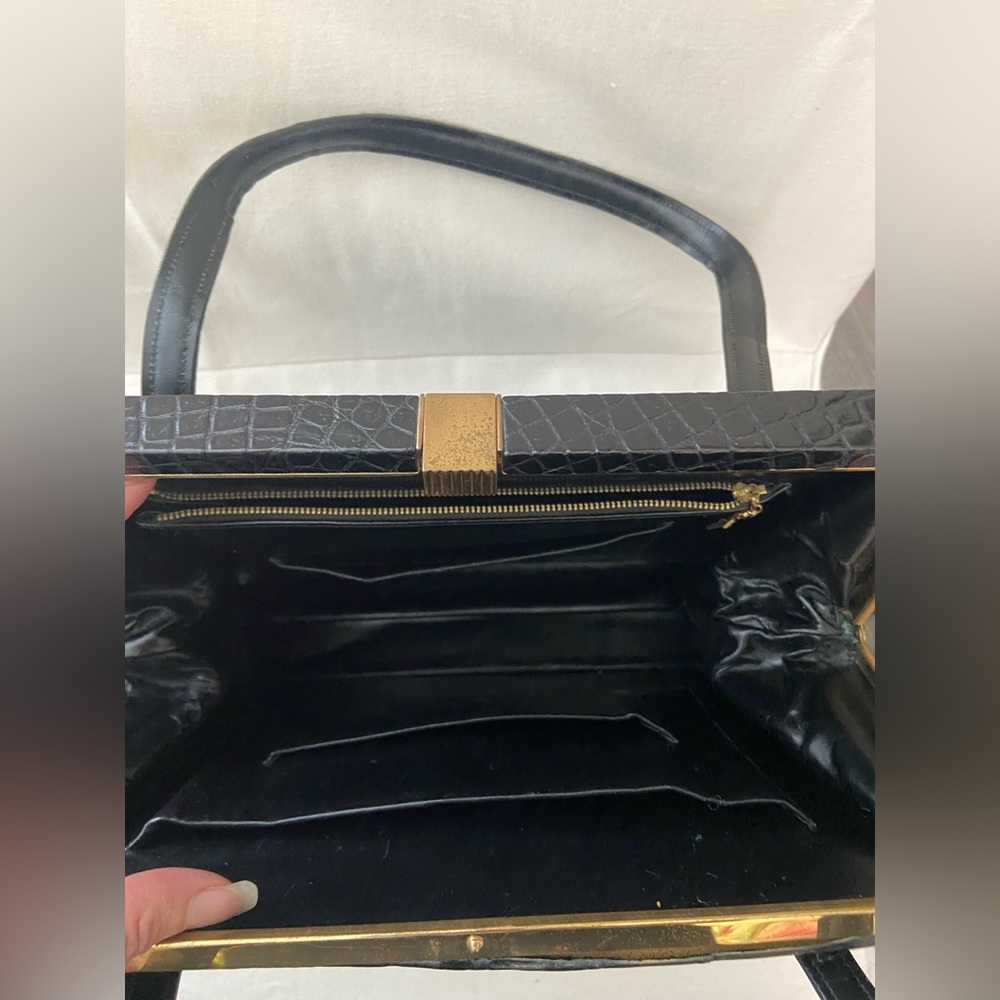 Vintage Deauville Black Crocodile Skin Leather Handbag With Two Handles - Picture 4 of 16